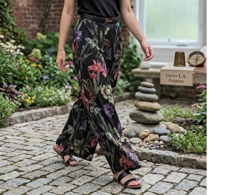 GUESS Los Angeles Black Floral Wide Leg Palazzo Pants Size 30 Boho Flowy